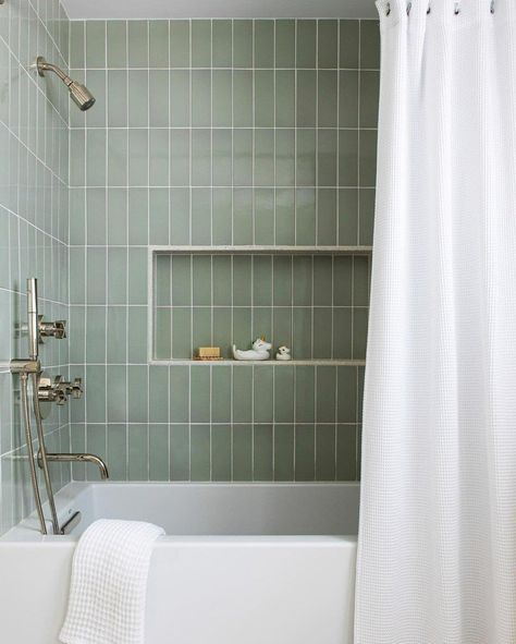 27 Beautiful Green Bathroom Ideas | Kallista Easy Bathroom Updates, Best Bathroom Colors, Monochrome Bathroom, Green Tile Bathroom, Green Bathroom Decor, New Bathroom Designs, Bathroom With Tub, Shower Wall Tile, Bathroom Tub