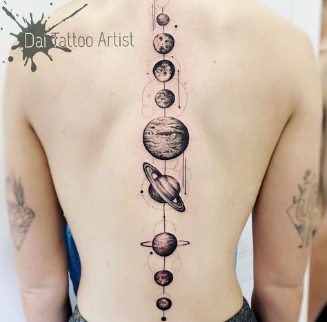 Feeling Spaced Out! 🪐 Tatt by Dai_tattoo_artist at punktured_official Gold Coast #Punktured #bodymodification #piercings #piercingaddict #piercingsofinstagram #piercingstudio #piercinglife #piercingsandtattoos #piercinggirl #piercingart #septumpiercing #instapiercing #australia #queenslandpiercing #coolangatta #brisbane #victoriapiercing #qld #piercedgirl #sergicalsteel #piercedandproud #piercedchicks #piercednation #bodmod #bodyjewellery #earcandy #alternativegirl #altstyle Astrophysics Tattoo, Solar System Tattoo, Galaxy Tattoo, Back Tattoos For Guys, Weird Tattoos, Alt Style, Spine Tattoo, Back Tattoos, S Tattoo