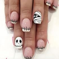 Halloween Nails Tips, Mummy Nails, Nightmare Before Christmas Nails, Nails Short Square, Short Fake Nails, Halloween Press On Nails, Press On Nails Short, French Nail Designs, Nails For Women