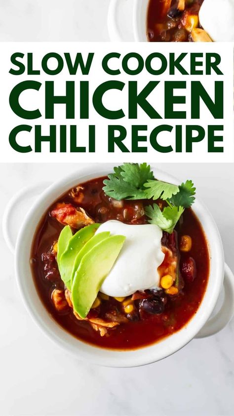 This simple slow cooker chicken chili recipe is as hearty, satisfying and delicious as it looks! After some chopping, let the slow cooker do the work for you. There's no pre-cooking for this slow cooker chicken chili– a true "set and forget it" meal! #chickenchili #slowcookerchickenchili Red Chicken Chili, Slow Cooker Chicken Chili Recipe, Simple Slow Cooker Chicken, Chicken Fried Chicken, Slow Cooker Chicken Thighs, Slow Cooker Chicken Chili, Red Chicken, Crockpot Chili, Chicken Chili Recipe