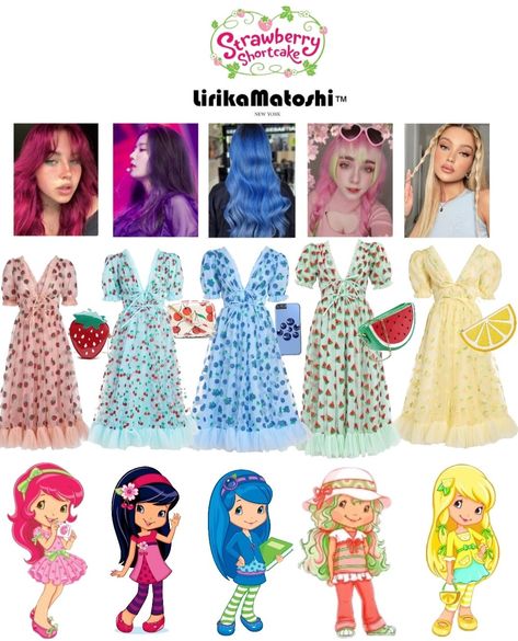 5 girls from Strawberry Shortcake and matching Lirika Matoshi famous fruit printed dresses Strawberry Shortcake Watermelon Kiss, Lemon Themed Outfits, Cherry Jam Costume Aesthetic, Blueberry Muffin From Strawberry Shortcake, Watermelon Kiss Strawberry Shortcake, Cherry Jam Strawberry Shortcake Outfit, Blueberry Muffin Strawberry Shortcake Outfit, Lemon Meringue Cosplay, Blueberry Muffin Strawberry Shortcake Aesthetic