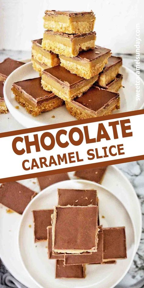 Biscuit Base Recipe, Easy Caramel Slice, Caramel Slices, Chocolate Caramel Slice, Healthy Dessert Recipes Easy, Easy Caramel, Chocolate Slice, Caramel Slice, Biscuits Easy