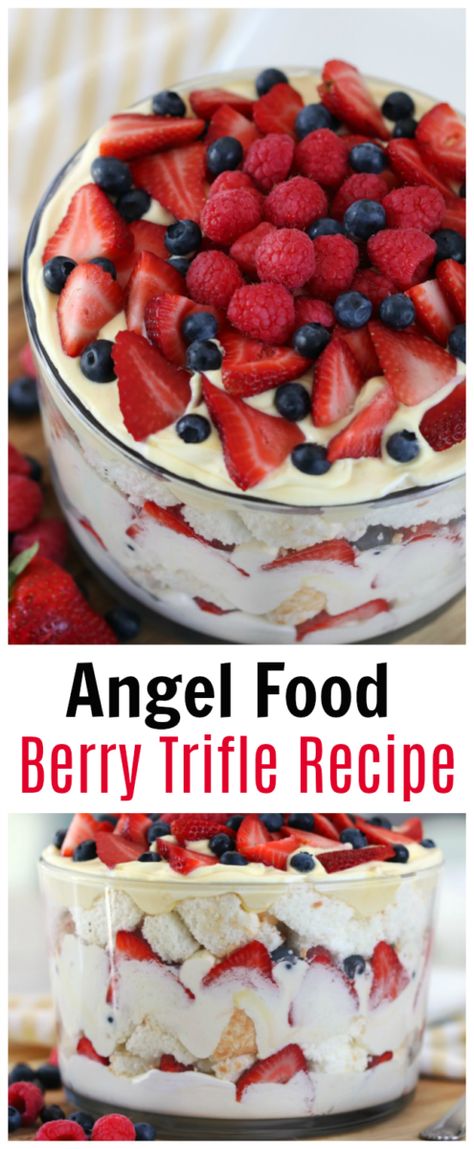 Dinner For A Party Easy, Layered Angel Food Cake With Berries, White Cake With Berries On Top, Premade Desserts For Party, Fresh Berry Dessert Recipes, Easy Trifle Desserts No Bake, Light Healthy Desserts, Light Easter Dessert Recipes, Trifles Desserts Easy