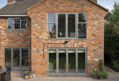 Red Brick House Grey Windows House With Grey Windows, Barn Conversion Exterior, Grey Brick Houses, Red Brick House Exterior, Modern Brick House, House Uk, Grey Windows, Exterior House Remodel, House Extension Design