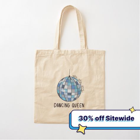 100% cotton reusable shopping carry bag with digital print on one side. A blue disco ball with dancing queen lyrics from Mamma Mia Mamma Mia Themed Gifts, Mama Mia Gifts, Mamma Mia Embroidery, Mamma Mia Merch, Mamma Mia Sorority Theme, Mamma Mia Crafts, Mamma Mia Gifts, Mama Mia Party Ideas, Dancing Queen Disco Ball