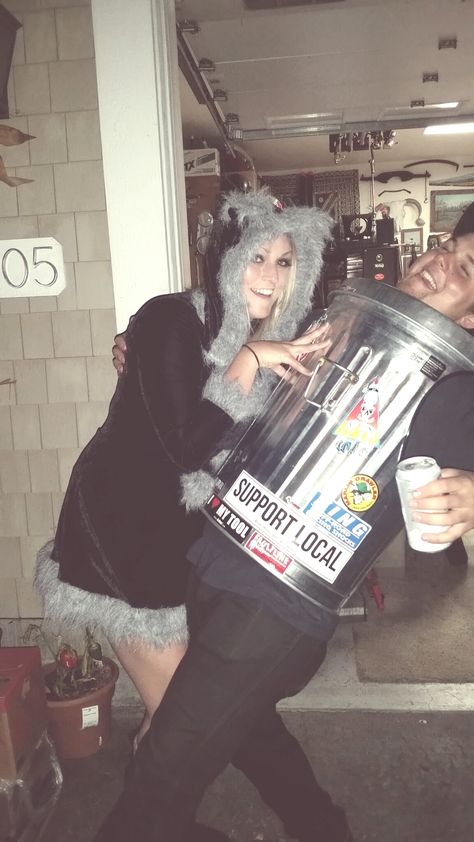 Raccoon and Trash Can Couples Halloween Costume Raccoon And Trash Can Costume, Trash Can Costume, Raccoon Halloween Costume, Racoon Costume, Trash Costume, Raccoon Halloween, Funny Couple Costumes, Unique Couple Halloween Costumes, Couples Halloween Costume