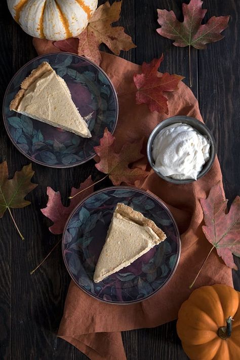 Top down photo of slices of pumpkin cream pie on a brown table with whipped cream in a bowl Keto Pumpkin Mousse, Pumpkin Cream Pie Recipe, Sugar Free Pie, Pumpkin Cream Pie, Almond Flour Crust, Keto Pumpkin Pie, Pumpkin Mousse, Sugar Free Recipes Desserts, Thanksgiving Dinner Recipes