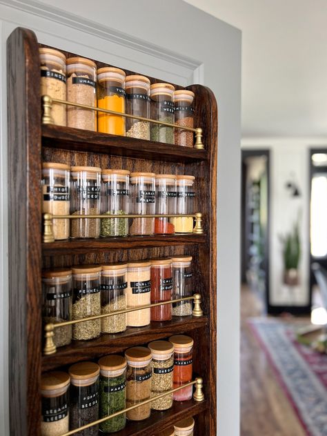 Easy DIY Pantry Door Spice Rack with Brass Rails | Our Aesthetic Abode Wood Pantry Door, Easy Diy Pantry, Best Colors For Kitchen Cabinets, Diy Pantry Door, Best Colors For Kitchen, Pantry Door Spice Rack, Colors For Kitchen Cabinets, Wood Pantry, Door Spice Rack