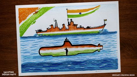 Republic Day Drawing, Indian Navy Day, Paris Sunset, Pencil Sketching, Navy Day, Independence Day India, Indian Navy, Oil Pastel Art, Drawing For Beginners