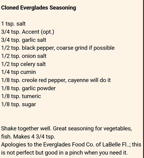 Everglades seasoning recipe D.I.Y. Chef Paul Prudhomme Recipes Seasoning Mixes, Paula Deen Seasoning Recipe, Everglades Seasoning Recipe, Everglades Seasoning, Homemade Dry Mixes, Dry Mixes, Spice Blends Recipes, Spice Mix Recipes, Seasoning And Spice