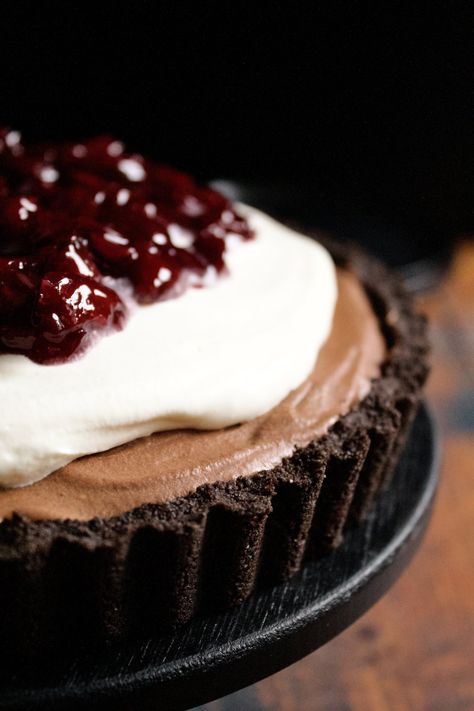 Black Forest Chocolate Mousse Tart — Poetry & Pies Black Forest Mousse Cake, Black Forest Pie Recipe, Black Forest Pie, Chocolate Mousse Tart, Chocolate Cherry Pie, Mousse Tart, Chocolate Cookie Crust, Cherry Compote, Desert Ideas