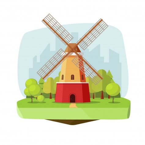 Molino de viento o granja de molinos en ... | Premium Vector #Freepik #vector #arbol #ciudad #verano #nube Windmills Drawing, Fantasy Windmill Concept Art, Windmill Illustration, Windmill Illustration Vector, Windmill Images, Forest Landscape, Cartoon Styles, Graphic Resources, Vector Illustration