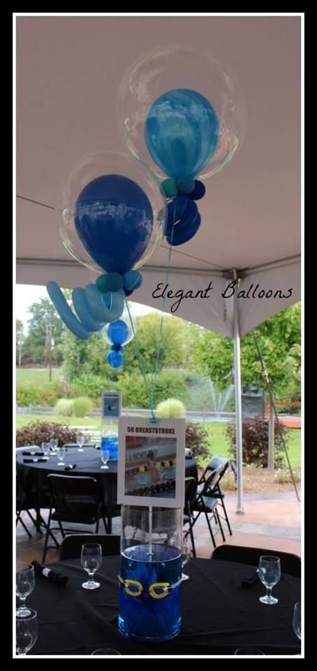 Swim Banquet Centerpieces Table Decorations, Swimming Graduation Party, Swim Banquet Ideas High Schools, Swim Centerpieces Banquet, Swim Team Party Decorations, Swim Centerpieces, Swim Banquet Ideas, Swim Banquet Centerpieces, Centerpieces Balloons