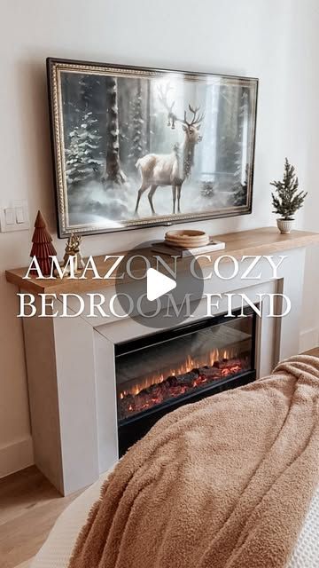 Chelsea Alysa | Home & Lifestyle | Miami, Fl on Instagram: "pov: making my bedroom 10x cozier 🔥🪵☁️🌲🧸

I am obsessed with this electric fireplace mantle I added to my bedroom!  It gives the coziest vibes.  You can switch between different flame color settings and have it provide heat or not. So freaking cozy!! Mine should be back in stock soon and I linked it along with similar options to choose from! 

comment A128 for links! 

#cozyhome #cozyvibes #homebody #bedroomdecor" Electric Fireplace Apartment, Fireplace In Bedroom Ideas, Bedroom Fireplace Wall, Electric Fireplace With Mantle, Fake Fireplace Ideas, Fireplace In Bedroom, Electric Fireplace Bedroom, Fireplace Apartment, Fireplace Bedroom