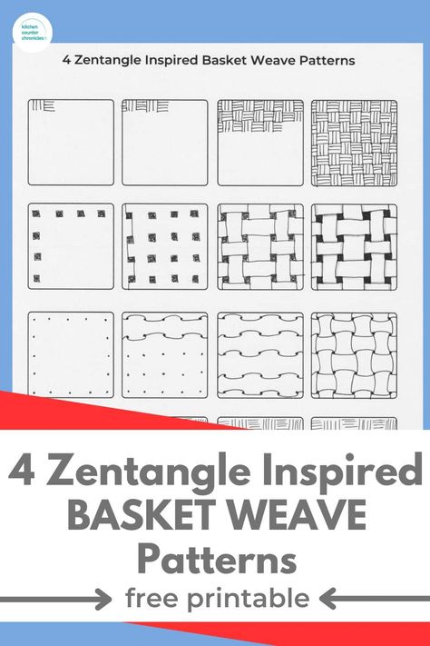 Learn 4 zentangle basket weave patterns with step-by-step instruction sheet. This free printable will help you learn these fun doodled basketweaving patterns. Filler Zentangle Patterns, Zentangle Basket Weave Pattern, Zentangle Weave Pattern, Free Zentangle Patterns Printables, Basic Zentangle Patterns, Weave Design Pattern, Zentangle Step Out Patterns, Zentagle Drawing Easy Step By Step, Beginner Zentangle Patterns Step By Step