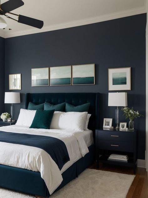 Teal And Gold Bedroom, Teal Bedroom Decor, Navy Bedrooms, Dark Blue Bedrooms, Navy Blue Bedrooms, Blue Bedroom Design, Gold Bedroom Decor, Teal Decor, Teal Bedroom