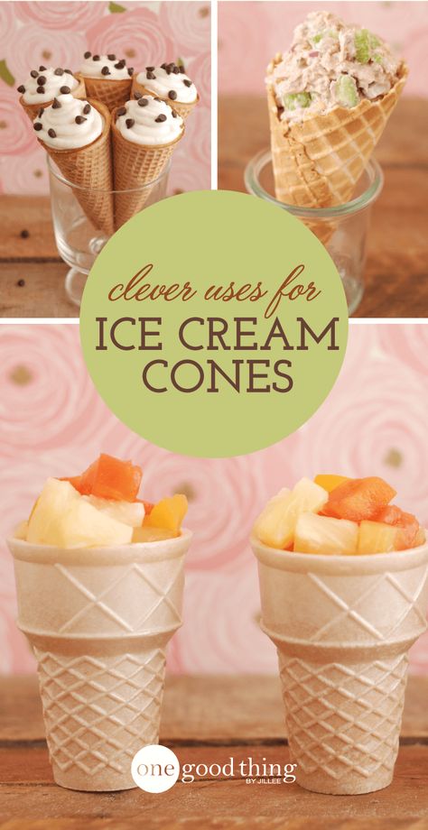 Deliciously Creative Uses for Ice Cream Cones - One Good Thing by JilleePinterestFacebookPinterestFacebookPrintFriendly Ice Cream Cone Snacks, Ice Cream Cones Recipe, Cone Dessert, Mini Ice Cream Cones, Winter Meals, One Good Thing By Jillee, Sugar Cones, Ice Cream Theme, Chocolate Chip Ice Cream