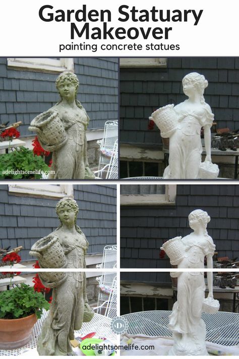 I love the look of garden statuary...but, the concrete look is not so pretty. Then, I was inspired to paint them to recreate the look to resemble marble statues #adelightsomelife #concretestatue #paintedconcrete #howtopaintconcrete #gardenstatues #beforeandafter #DIYgardenproject Painted Concrete Statues, Painting Cement Statues, How To Paint Concrete Statues, Painting Concrete Statues, Painting Concrete Statues Outdoor, Garden Statues Ideas Landscaping, Painting Statues, How To Paint Concrete, Concrete Yard