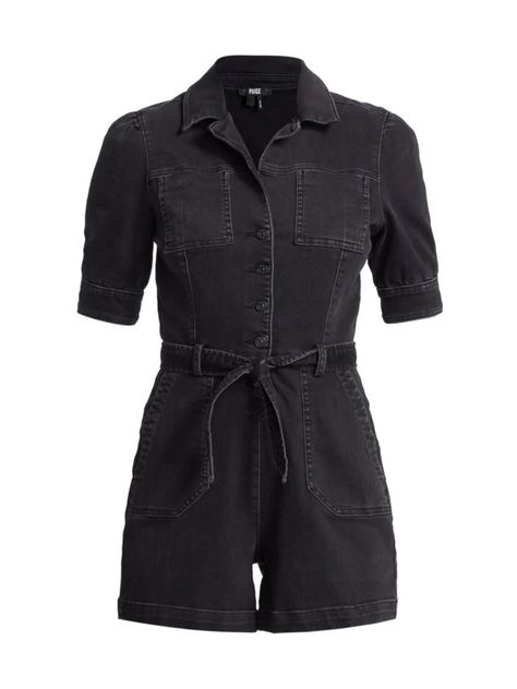 Paige Mayslie Denim Romper in Black Matter Black Denim Romper, Belt Shirt, Zara Phillips, Wrap Romper, Denim Romper, Dark Matter, Tall Model, Short Rompers, Shirt Collar