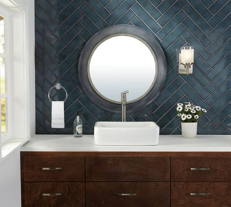 5 Things to Consider Before Your Next Bathroom Project Bathroom Blue Shower Tile, Small Powder Room Tile Wall, Blue Tile Bathrooms, Navy Blue Tile Bathroom, Navy Tile Bathroom, All Tile Bathroom, Navy Backsplash, Blue Herringbone Tile Bathroom, Blue Shower Tile Ideas