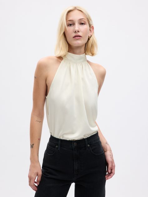 Satin Halter Top | Gap Halter Neck Blouses, Silk Halter Top, White Halter Top, High Neck Halter, Top Halter, Halter Neck Top, Satin Top, Work Tops, Elegant Shirt