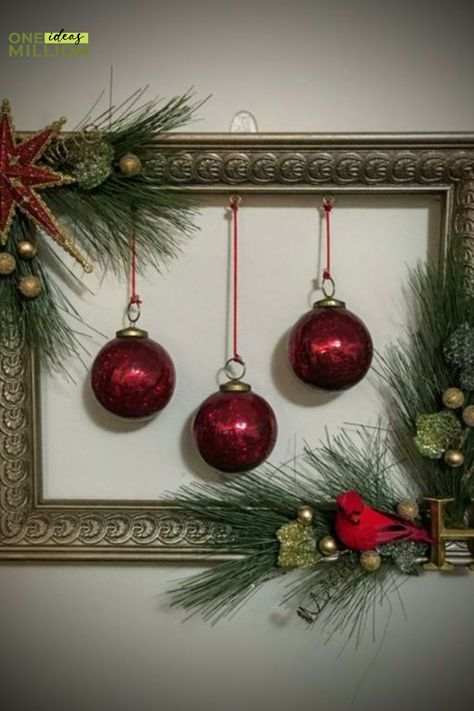 Festive bauble frame art for Christmas decor Picture Frame With Ornaments, Picture Frame Ornaments Christmas, Christmas Diy Picture Frame, Picture Frame Christmas Ornaments Diy, Framed Christmas Ornaments, Diy Christmas Frame Decor, Diy Christmas Frames, Christmas Frame Ideas, Christmas Picture Frame Ideas