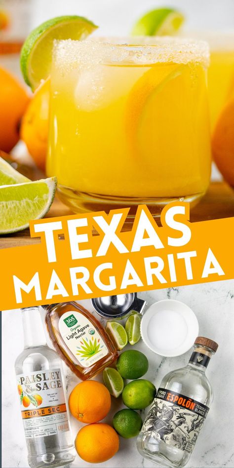 Texas Margaritas are a refreshing and easy-to-make cocktail that's perfect for summer barbecues, brunches, and taco nights. It’s perfect long summer nights, or paired with tacos. Embrace the simplicity and sunshine this homemade Texas Margarita recipe. Texas Margarita Recipe, Mexican Holiday Recipes, Texas Margarita, Margaritas Recipes, Orange Margarita Recipe, Orange Margarita, Easy To Make Cocktails, Orange Liquor, Chili Lime Seasoning