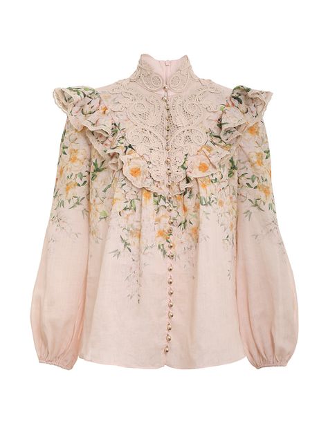 Coaster Battenburg Blouse Blush Garden Floral Online | Zimmermann Neutral Blouses, Latest Designer Dresses, Battenburg Lace, Dream List, Girlie Girl, 2023 Collection, Linen Blouse, Petite Tops, Spring 2023