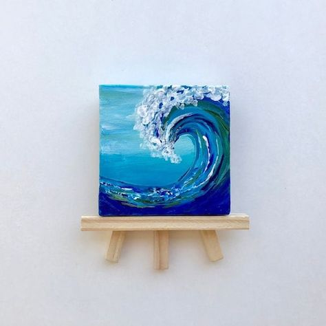 Painting On An Easel, Tiny Artwork, Circular Canvas Painting, Ocean Wave Painting, Ocean Art Painting, Circular Canvas, Tiny Paintings, Tiny Canvas, Office Vibes