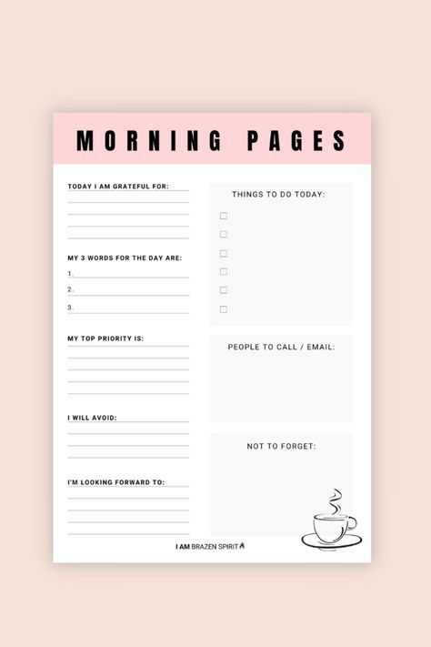 Daily Journal Morning Pages 1 Page, A4 PDF Printable All artwork is for personal use only. © 2022 I AM BRAZEN SPIRIT. All Rights Reserved. Daily Journaling Pages | Morning Journal Ritual | Positivity and Gratitude Journal | Morning Reflection Journal | Gratitude | Intention | To-do List Morning Pages Ideas, Journal Content Ideas, Morning Reflection Journal, Journal Templates Aesthetic, Morning Journal Template, How To Journal Daily, Daily Intentions Journal, Daily Journal Ideas Layout, Gratitude Journal Layout