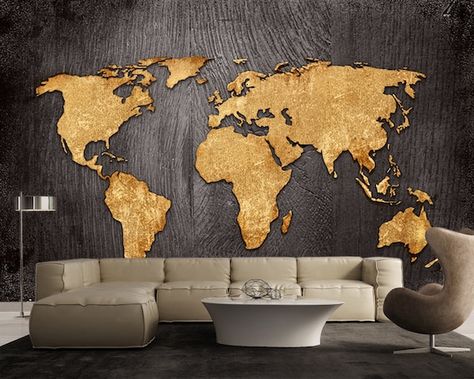 Gold World Map, Wallpaper Painting, Large Wall Murals, Kitchen Custom, World Map Wallpaper, Fabric Wall Decals, World Map Canvas, Map Wallpaper, Wall Art Wallpaper