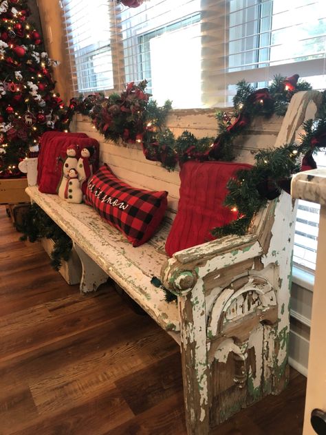 Old church pew decorated for the holidays. Pam Hancock Designs Front Porch Pew Decor, Church Pew Christmas Decor, Christmas Bench, Winter Porch Decor, Pew Bench, Park Benches, Deck Decor, Irish Christmas, Buffalo Check Christmas