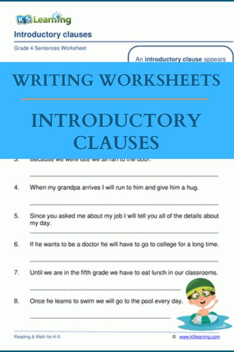 Introductory clauses are phrases at the beginning of sentences which are set off from the rest of the sentence with a comma. Introductory clauses often begin with a preposition (in, of, after, about ....) and do not form a complete sentence on their own. In these worksheets, identify introductory clauses and add commas to set them off from the rest of the sentence. #k5 #writing #sentences #grade4 #printables #free #worksheet #K5Learning Complete Sentence, Writing Sentences, The Sentence, Complete Sentences, Printables Free, Grammar Worksheets, Writing Worksheets, Grade 4, Fifth Grade