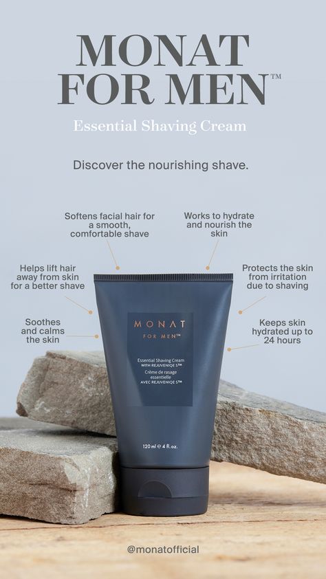 Discover the nourishing shave of our NEW MONAT FOR MEN™ Essential Shaving Cream which hydrates, protects, and nourishes dry skin. This conditioning shave cream soothes and calms the skin and keeps it hydrated for up to 24 hours. Shaving Cream Packaging Design, Monat For Men, Monat Skincare, Mens Shaving Cream, Beard Cream, Perfume Ads, Men Skin Care Routine, Men's Skincare, Skincare Branding