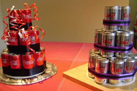 Birthday Cakes (made of soda cans) Soda Can Cake, Cakes Made With Soda, Soda Can Cakes, Pepsi Cake, Birthday Cake Beer, Beer Bottle Cake, Cake Gift Basket, Beer Can Cakes, Birthday Beer Cake