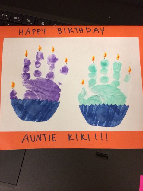 Handprint birthday card Handprint Birthday Card, Happy Birthday Crafts, Happy Birthday Auntie, Baby Art Projects, Homemade Birthday, Birthday Card Craft, Homemade Birthday Cards, Birthday Crafts, Handprint Crafts