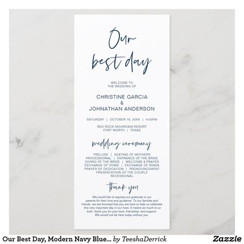 Our Best Day, Modern Navy Blue Wedding Program Wedding Program Thank You, Wedding Program Design, Modern Wedding Program, Forever In Love, Modern Wedding Ceremony, Wedding Ceremony Programs, Modern Minimalist Wedding, Ceremony Programs, Navy Blue Wedding