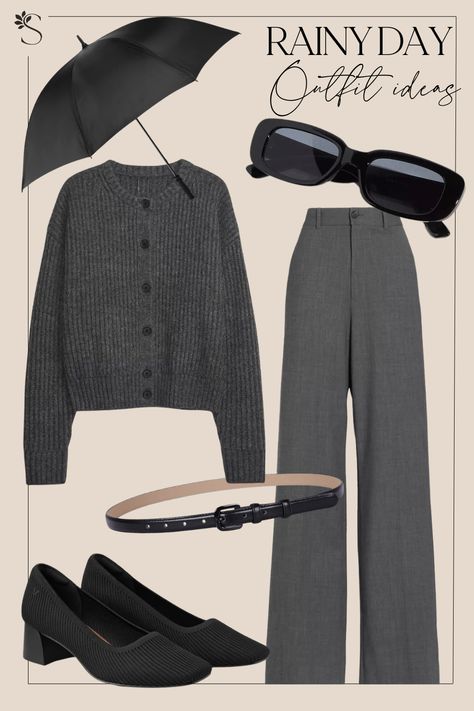 Rainy Day Outfit Ideas - All Grey Outfit Rain Office Outfit Rainy Days, Rainy Day Picnic Outfit, Rainy Chic Outfit, Rainy Day Classy Outfit, Rainy Day Formal Outfit, Cold Travel Outfit, Rainy Outfit Summer, Rainy Day College Outfit, Stormy Weather Outfit