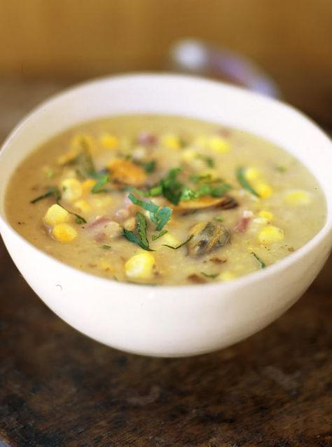 Mussel Chowder | Seafood Recipes | Jamie Oliver Recipes Mussel Chowder, Healthy Corn, Chowder Recipes Seafood, Mussels Recipe, Seafood Chowder, Jamie Oliver Recipes, Chowder Recipes, Corn Chowder, Healthy Soup Recipes