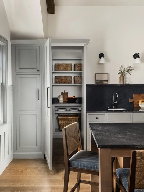 Pantry Entrance From Kitchen, Pantry Entrance, Hidden Fridge, Tiny Galley Kitchen, Panel Ready Refrigerator, Secret Doors, Hidden Pantry, Galley Kitchens, Status Symbol