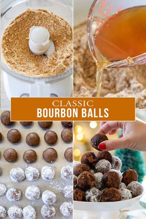 Bourbon Balls are a must make, classic Southern Treat for Christmas! These easy, no-bake bites only require a few ingredients and pack a bunch of boozy bourbon flavor. Any bourbon lover will want Bourbon Balls on the holiday dessert table. Whiskey Truffles Recipe, Bourbon Balls Without Pecans, Woodford Reserve Bourbon Balls Recipe, Boozy Desserts Easy, Whiskey Balls Recipe, Boozy Truffles, Liquor Desserts, Bourbon Balls Recipe, Bourbon Punch