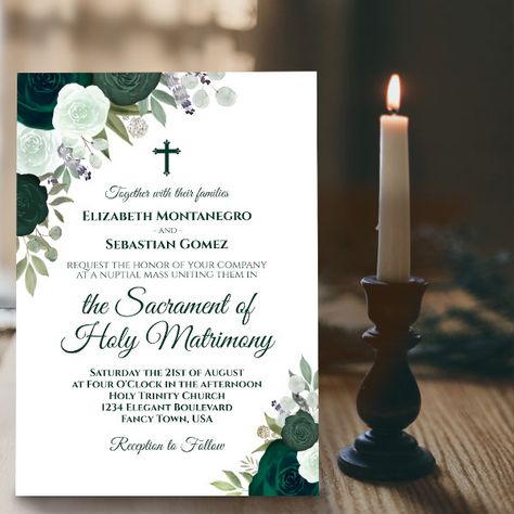 Emerald Green Roses Modern Catholic Wedding Invitation Catholic Wedding Invitations, Bohemian Chic Weddings, Holy Matrimony, Green Roses, Emerald Green Weddings, Wedding Hands, Watercolor Roses, Green Wedding Invitations, Catholic Wedding