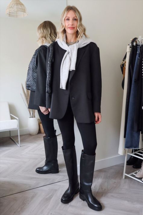 Knee-high boots curated on LTK Riding Boots Outfit 2023, Black Outfit Boots, Oversized Black Blazer Outfit, Black Riding Boots Outfit, Riding Boots Outfit, Tall Black Boots Outfit, Riding Boot Outfits, Black Blazer Outfit, Weird Style