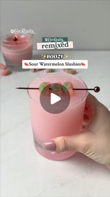 Cocktails (21+ to follow) on Instagram: "Sour, sweet and SO refreshing 🍉😍 This Boozy Sour Watermelon Slushie pairs perfectly with a hot summer day🍉 Tag a friend that would love this cocktail!✨ #boozysourwatermelonslushies #boozy #sour #watermelon #slushie #sourpatchkids #watermelonsourpatch #watermeloncandy #sourwatermelon #summercocktails #frozencocktails #frozen #summerInfused Vodka:
-1/4 cup Watermelon Sour Patch candy
-1 cup vodkaSlushie:
-1/2 cup ice
-1/2 cup lemonade
-1/2 cup Sprite
-2 oz. infused vodka
-pink food coloring" Boozy Sour Watermelon Slushies, Sour Patch Watermelon Drink, Sour Watermelon Vodka Drinks, Sour Watermelon Cocktail, Drink Rosa, Watermelon Sour Patch, Sour Patch Candy, Watermelon Vodka Drinks, Sour Patch Watermelon