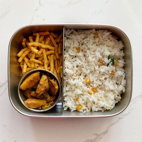 #lunchboxoftheday 🥥 Coconut Rice 🥥 Brussels Sprouts Stirfry 🥥 Sev Lunch At School, Lunch For School, Variety Rice, Kids Lunch Box Meals, Potato Fry, School Lunch Recipes, Lunch Box Ideas, Healthy Lunch Snacks, Healthy School Lunches