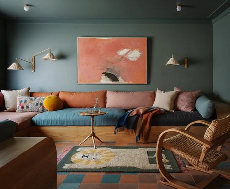 Inside a ’70s-Style River Island Home Outside Portland, Oregon | Architectural Digest Disco Floor, Jessica Helgerson, Banquette Cushions, 1970s House, Two Sided Fireplace, Farrow & Ball, Earthy Color Palette, River House, Island Home