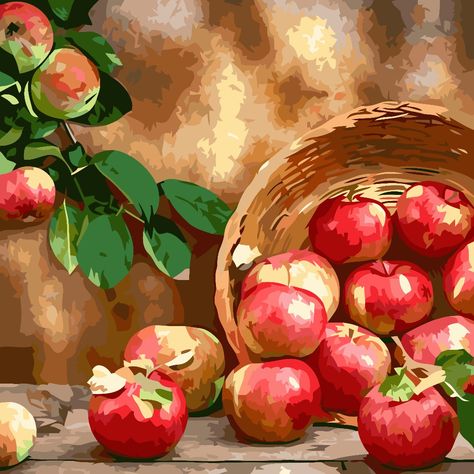 Basket Drawing, Apple Painting, Apple Baskets, Fall Fruits, Color By Number, Honey Bees, Fall Prints, Painting Illustration, Cartoon Art Styles