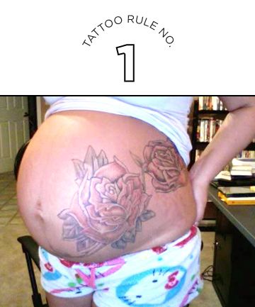 Tattoo Rule No. 1: Pregnancy Can Stretch Tattoos, Big Time Tattoos After Pregnancy, Plus Size Tattoos, Tattoos Big, Stretch Mark Tattoo, Pelvic Tattoos, Pregnancy Tattoo, Side Stomach Tattoos, Tattoo Advice, Side Hip Tattoos