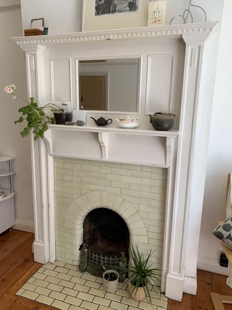 1930 Fireplace Makeover, Edwardian Fireplace Surround, Edwardian Fireplace Ideas, White Tiled Fireplace, Fake Mantel, Offset Fireplace, Fireplace 2023, Fancy Fireplace, Fireplace Flooring