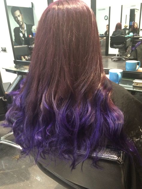 Bright purple dip dye Purple Dip Dye Hair Brunette, Brown Hair With Purple Tips, Purple Ends Hair, Hair Styles Purple, Dye Hair Purple, Dip Dye Hair Brunette, Dip Dye Hair Brown, Purple Brunette, Purple Hair Tips